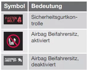 Informationssymbole im Display der Dachkonsole