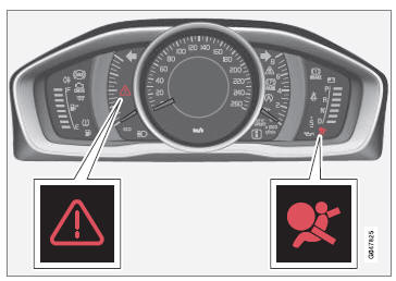 Warndreieck und Warnsymbol für das Airbagsystem im analogen Kombiinstrument.